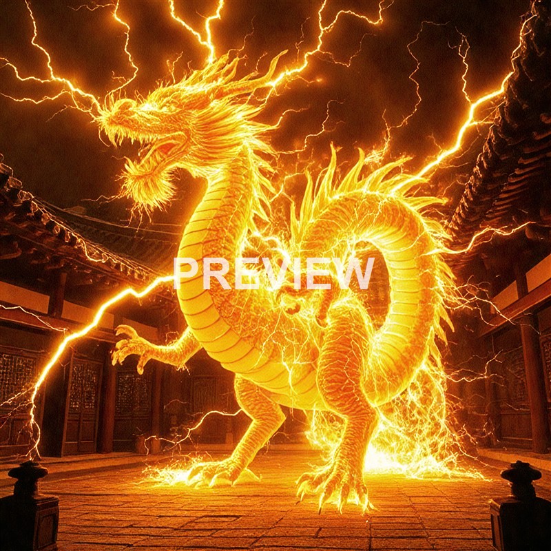 A fiery, glowing dragon with lightning emanating from its body is depicted standing on a traditional Asian temple courtyard at night.